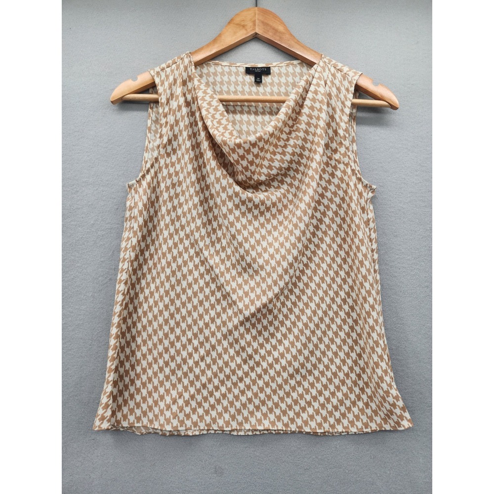 Talbots Petites Houndstooth Cowl Neck Sleeveless Blouse Tan Cream Size 2P Top